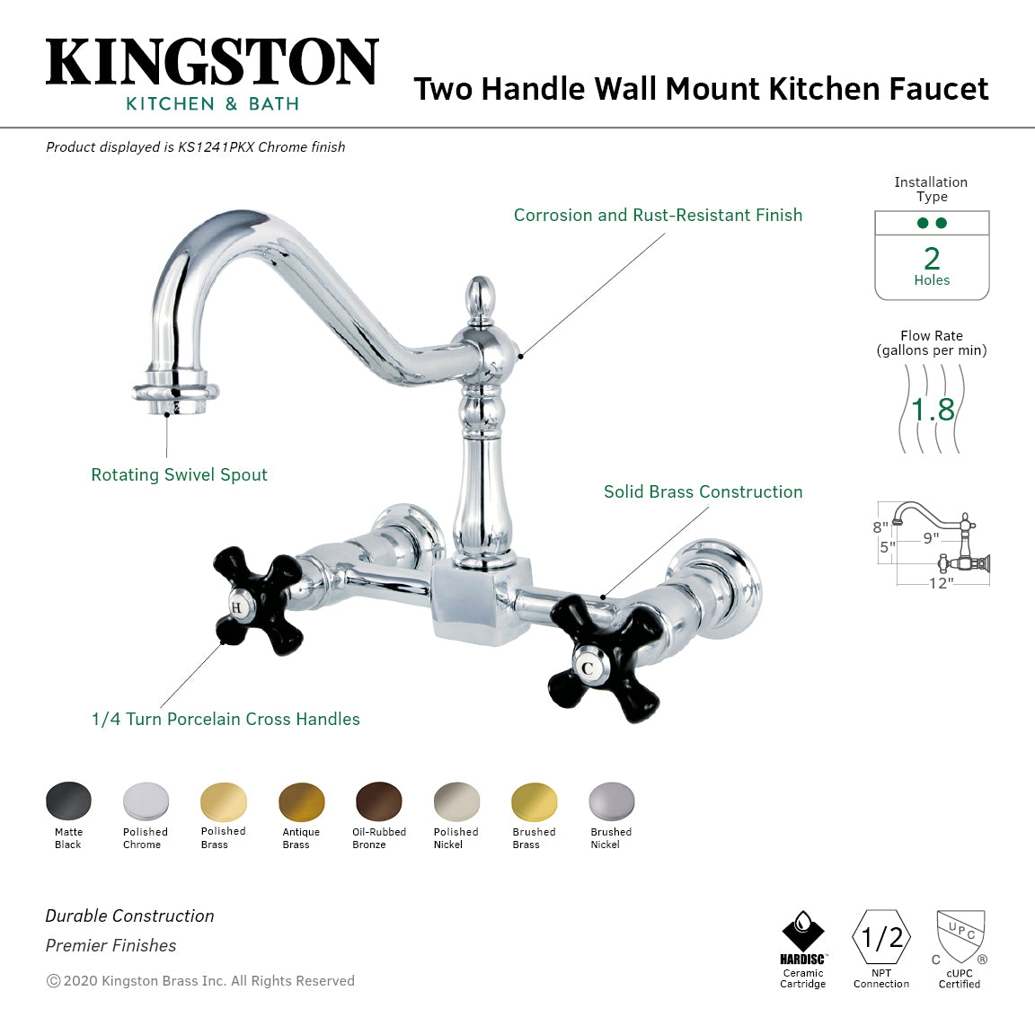Kingston Heirloom KS1242PKX - Duchess Two-Handle 2-Hole Wall Mount Bridge Kitchen Faucet, Polished Brass — thumbnail 3